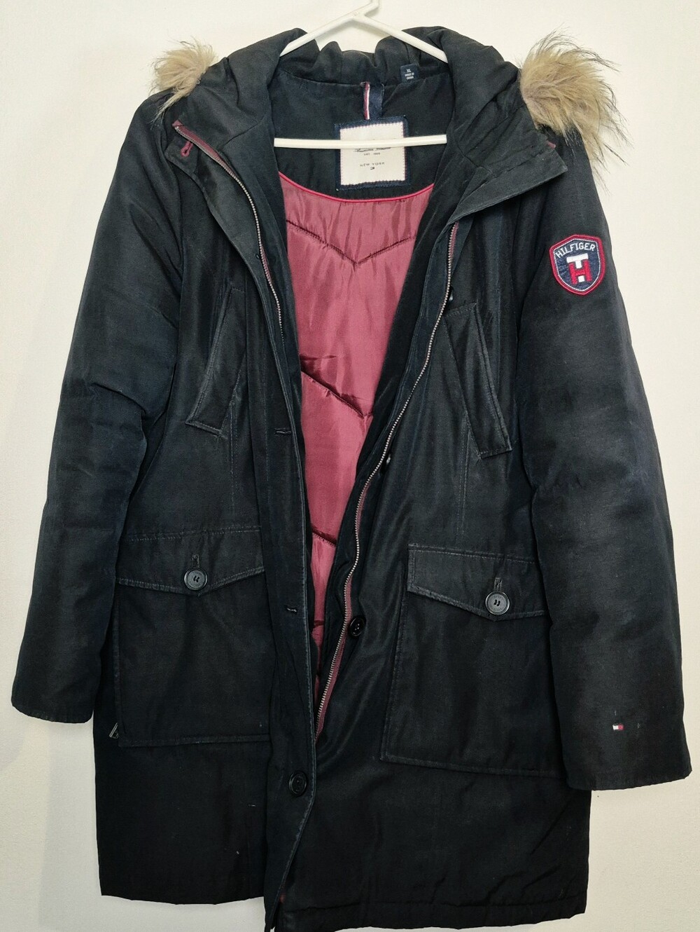 Tommy Hilfiger Women’s Hooded Parka Jacket Black XL Faux Fur Trim Winter Coat